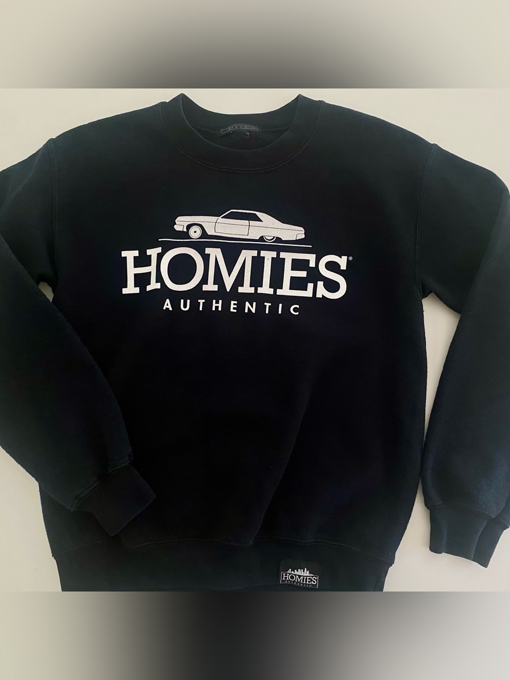 Homie’s Authentic Black Crewneck Sweatshirt with White Logo Car Graphic NWOT
